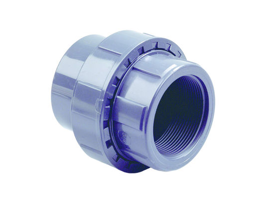 Afbeeldingen van DYKA PVC Driedelige koppeling PN16 40mm x 1 1/4" lijmmof/ binnendraad grijs