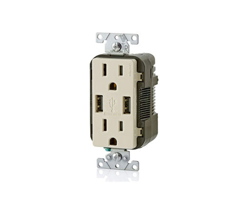 Afbeeldingen van LEVITON stopcontact en USB lader