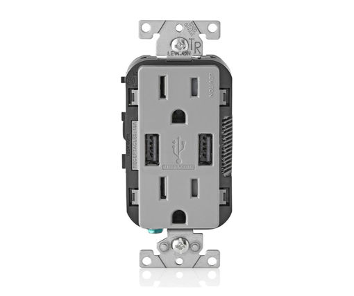 Afbeeldingen van LEVITON stopcontact en USB lader